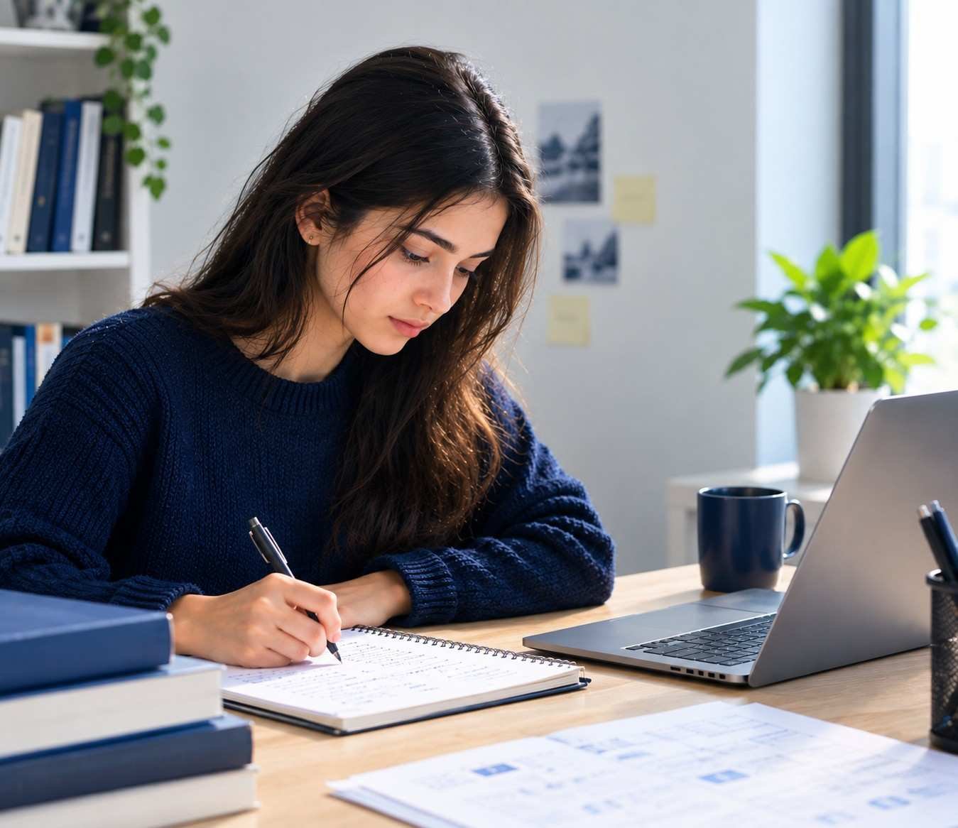 Student writing notes at a desk beside a laptop and stacked books