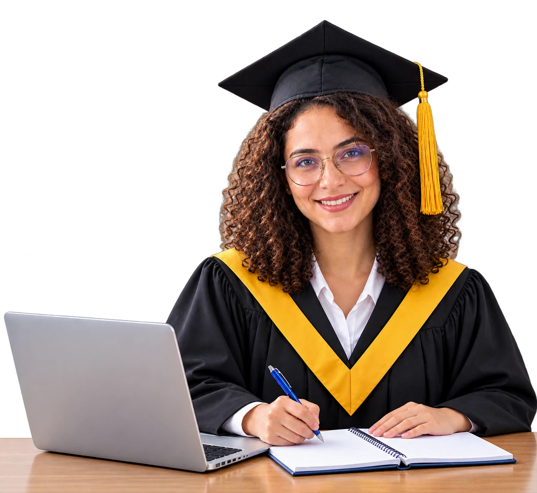 Smiling graduate in a cap and gown writing in a notebook beside a laptop