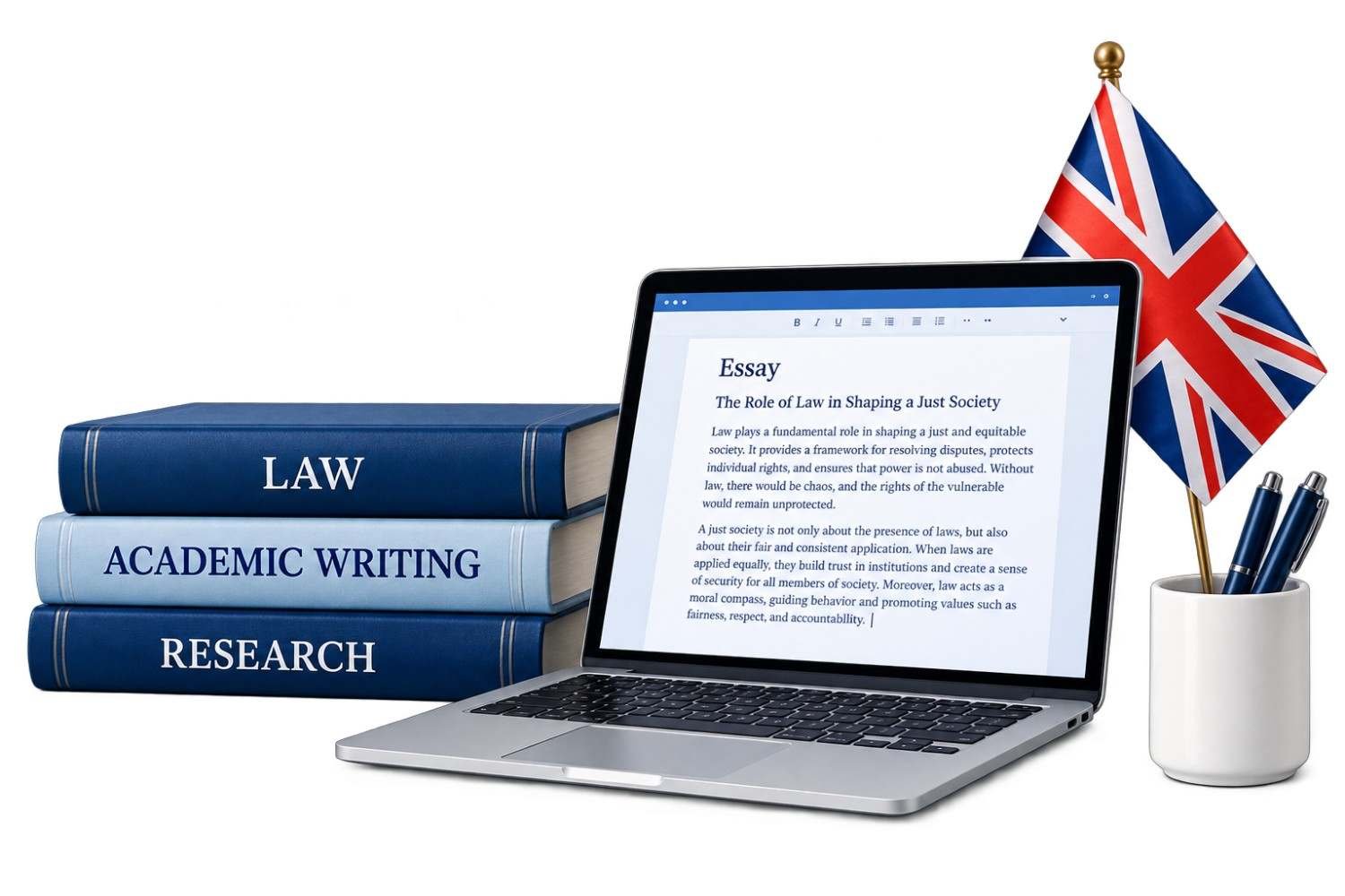 Academic writing books and desk items