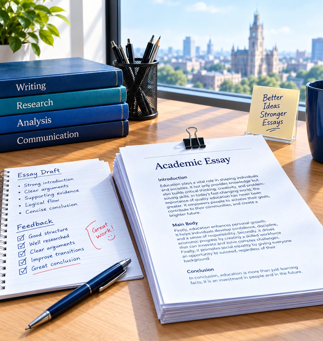 Desk with academic writing books, a research notebook and a printed essay draft, overlooking a UK city skyline