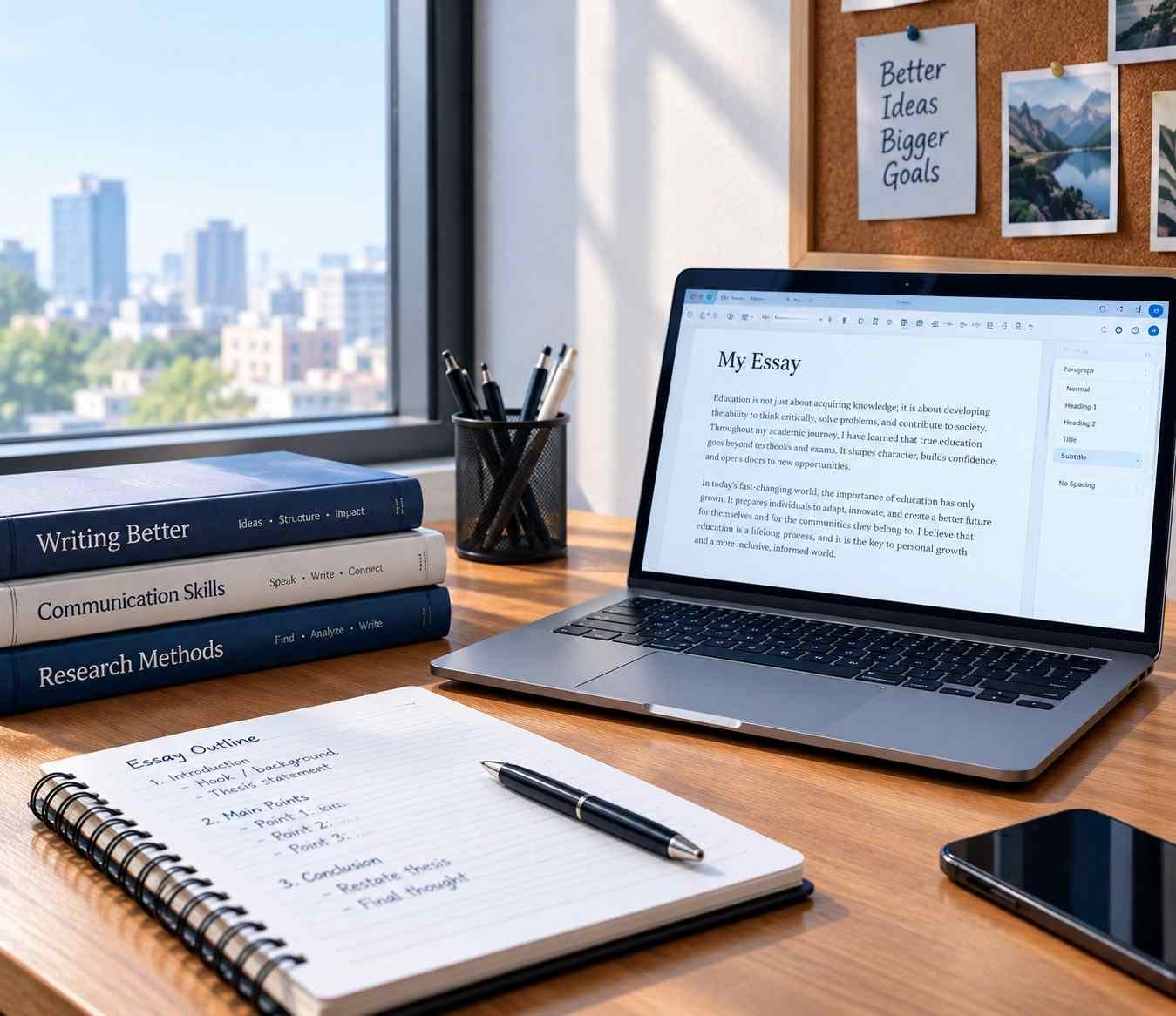 Academic writing services desk with books and notes